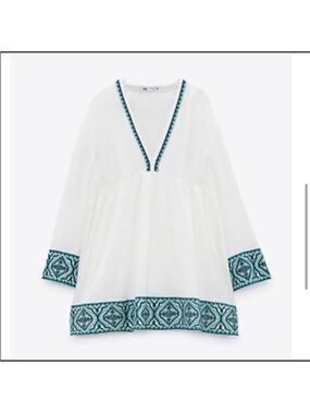 Zara White Gauze Tunic with Teal Embroidered Accents